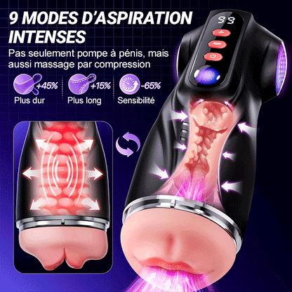 【Vente flash : -30 %】Daphne - Pompe à Penis avec 3 Manches Interchangeables, Chatte de Poche, 9 Modes de Succion & 9 Modes de Vibration, Masturbateur Masculin