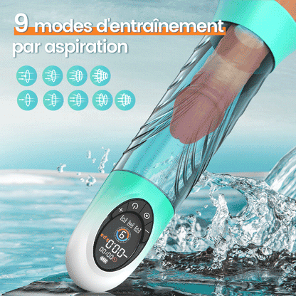 Green Pioneer - Pompe à pénis à eau avec écran LCD, 4 niveaux de pression et 9 modes d'aspiration